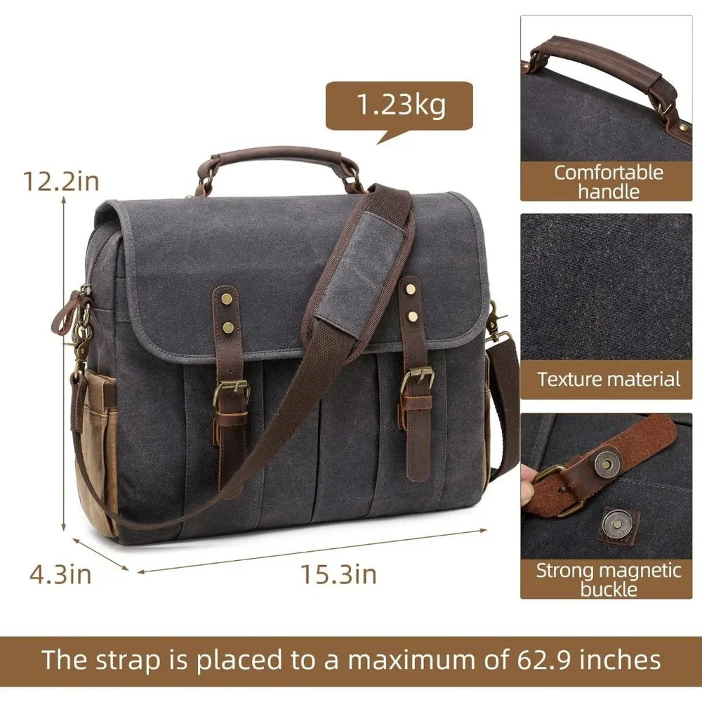 Men's Dark Grey Genuine Leather Canvas Water Resistant Satchel Shoulder Bag